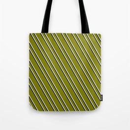 [ Thumbnail: Green, Mint Cream & Black Colored Lined Pattern Tote Bag ]