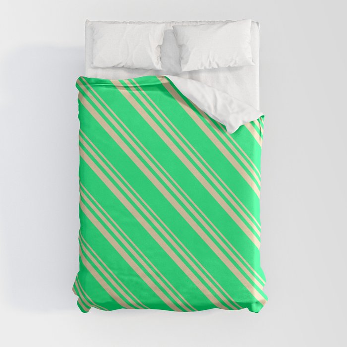 Tan & Green Colored Striped Pattern Duvet Cover
