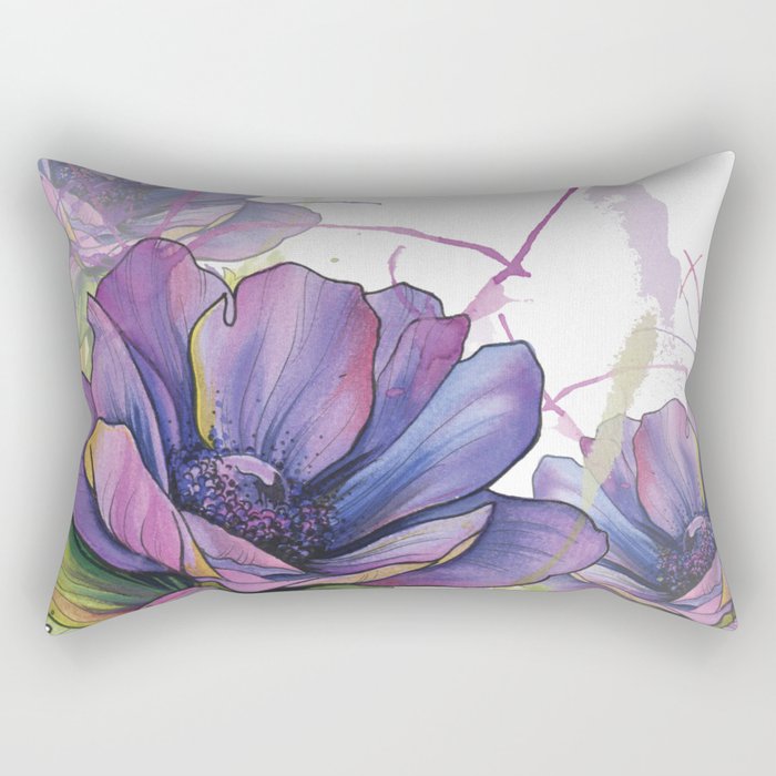 Purple Watercolour Ink Splash Floral Anemone painting Rectangular Pillow