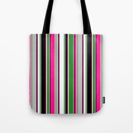 [ Thumbnail: Eyecatching Grey, Forest Green, Mint Cream, Deep Pink, and Black Colored Pattern of Stripes Tote Bag ]