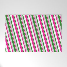 [ Thumbnail: Forest Green, Light Grey, Deep Pink & White Colored Pattern of Stripes Welcome Mat ]