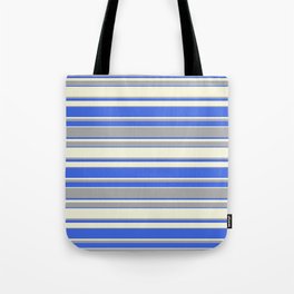 [ Thumbnail: Beige, Dark Grey & Royal Blue Colored Pattern of Stripes Tote Bag ]