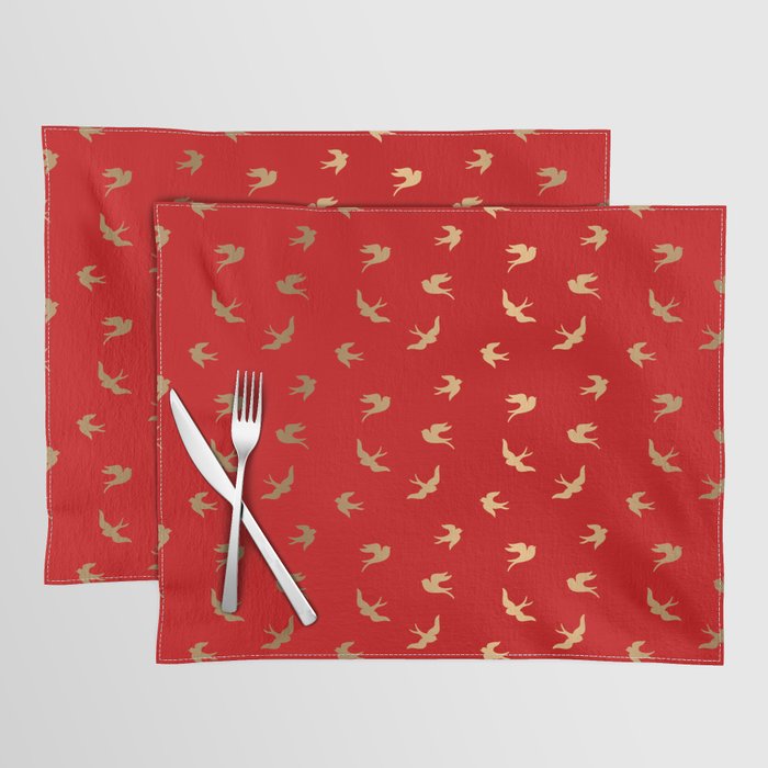 Gold Flying Birds Seamless Pattern on Red background Placemat