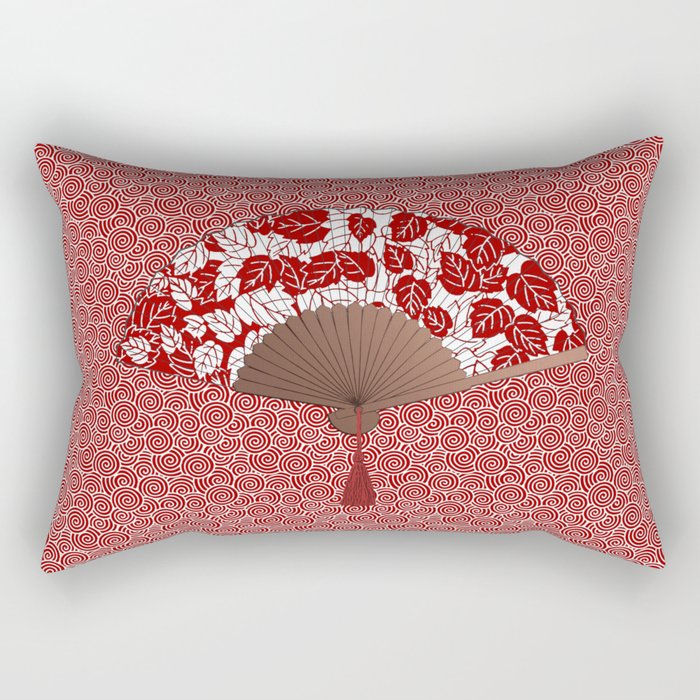 Japanese Fan in Leaf Print, Dark Red and White Rectangular Pillow