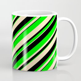 [ Thumbnail: Beige, Black & Lime Colored Lined/Striped Pattern Coffee Mug ]