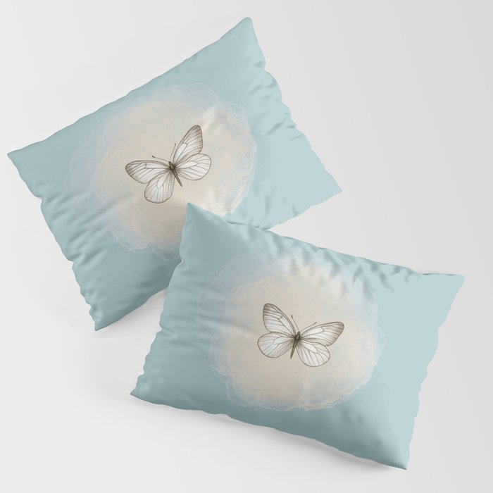Hand-Drawn Butterfly and Brush Stroke on Sage Blue Green Pillow Sham