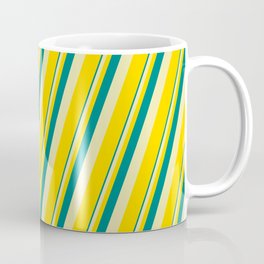 [ Thumbnail: Teal, Pale Goldenrod & Yellow Colored Lines Pattern Coffee Mug ]