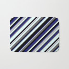 [ Thumbnail: Vibrant Grey, Light Cyan, Dim Grey, Black, and Midnight Blue Colored Striped/Lined Pattern Bath Mat ]