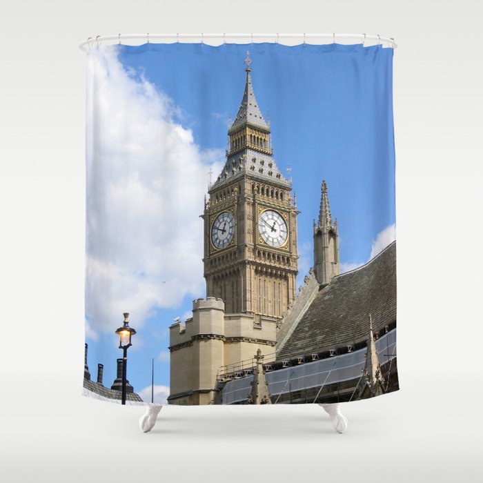Great Britain Photography - Big Ben Under A Big White Cloud Shower Curtain