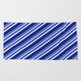 [ Thumbnail: Royal Blue, Mint Cream & Midnight Blue Colored Striped Pattern Beach Towel ]