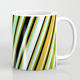 [ Thumbnail: Aquamarine, White, Green, Black, and Goldenrod Colored Pattern of Stripes Coffee Mug ]
