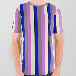 [ Thumbnail: Vibrant Black, Blue, Grey, Orchid, and Beige Colored Striped/Lined Pattern All Over Graphic Tee ]