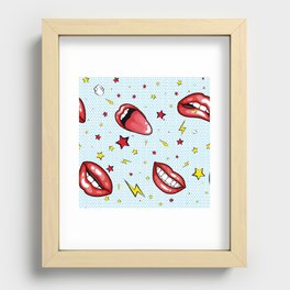 Seamless pattern cartoon comic super speech bubble labels with text, sexy open red lips with teeth, retro pop art illustration, halftone dot vintage effect background Recessed Framed Print
