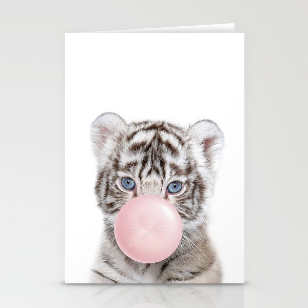 Baby White Tiger Blowing Bubble Gum, Pink Nursery, Baby Animals Art Print by Synplus Stationery Cards