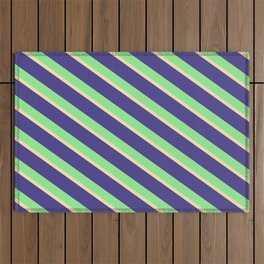 [ Thumbnail: Dark Slate Blue, Light Green & Beige Colored Pattern of Stripes Outdoor Rug ]