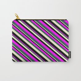 [ Thumbnail: Fuchsia, Dark Slate Gray, Light Yellow, and Black Colored Lined Pattern Carry-All Pouch ]