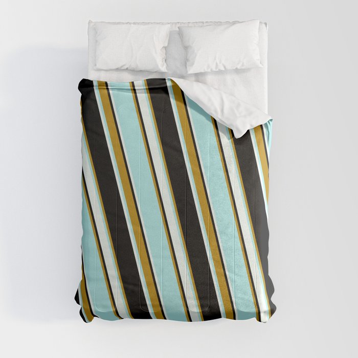 Black, Dark Goldenrod, Turquoise & Mint Cream Colored Lined Pattern Comforter