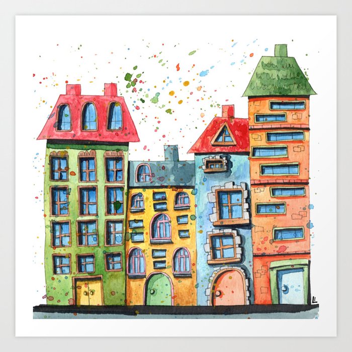 Colorful and bright watercolor houses Art Print