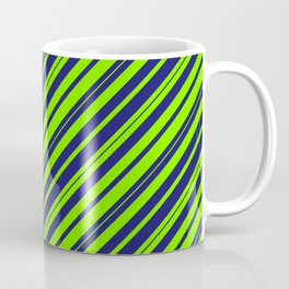 [ Thumbnail: Chartreuse & Midnight Blue Colored Striped/Lined Pattern Coffee Mug ]