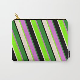 [ Thumbnail: Colorful Green, Beige, Black, Forest Green, and Orchid Colored Stripes/Lines Pattern Carry-All Pouch ]