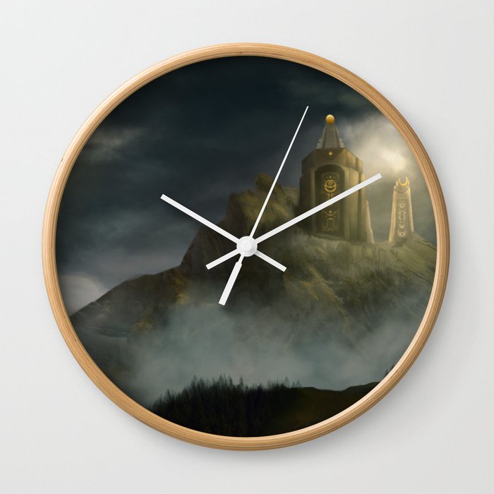 Mountain temple in the clouds Wall Clock