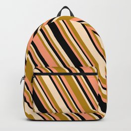 [ Thumbnail: Bisque, Dark Goldenrod, Light Salmon & Black Colored Stripes/Lines Pattern Backpack ]