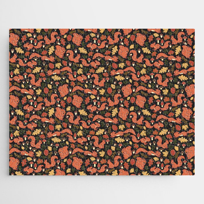 Autumn squirrel pattern design with mushrooms and fall leaves Jigsaw Puzzle