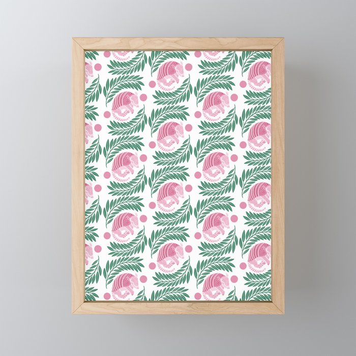 Sleepy Armadillo – Pink and Green Pattern Framed Mini Art Print