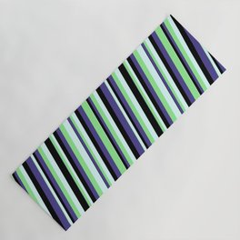[ Thumbnail: Dark Slate Blue, Light Green, Light Cyan & Black Colored Lines/Stripes Pattern Yoga Mat ]