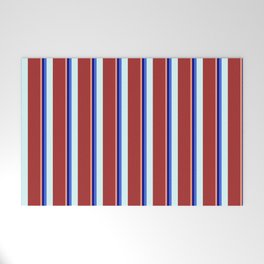 [ Thumbnail: Eyecatching Light Salmon, Blue, Royal Blue, Light Cyan, and Brown Colored Lined/Striped Pattern Welcome Mat ]