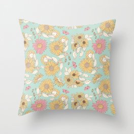 Aris's Garden - Large Aqua and Pink Sunflowers (Colorway Mermaid) Throw Pillow