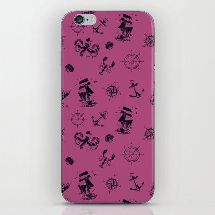 Magenta And Blue Silhouettes Of Vintage Nautical Pattern iPhone Skin