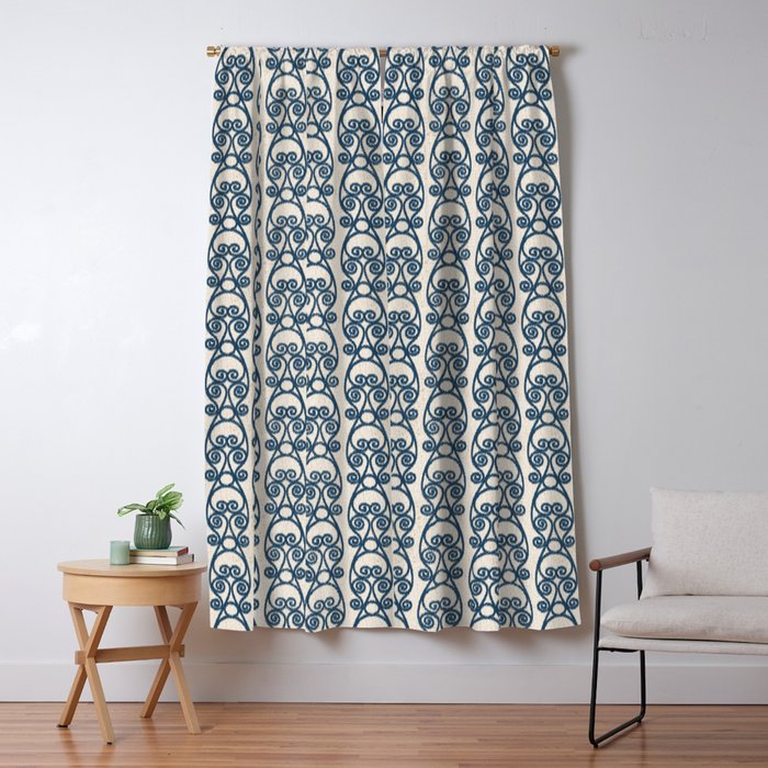 Crackled Scrolled Ikat Pattern Cream Navy Blackout Curtain By