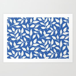 Tossed leaves on blue Art Print