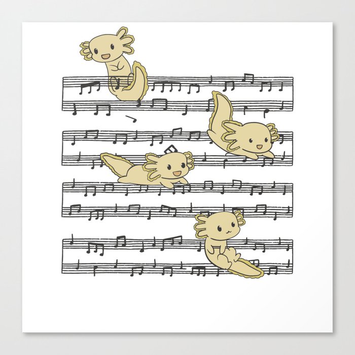 Cute Axolotl Plays With Music Notes On Music Sheet Canvas Print