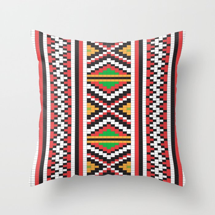 Slavic cross stitch pattern with red green orange black white Throw Pillow