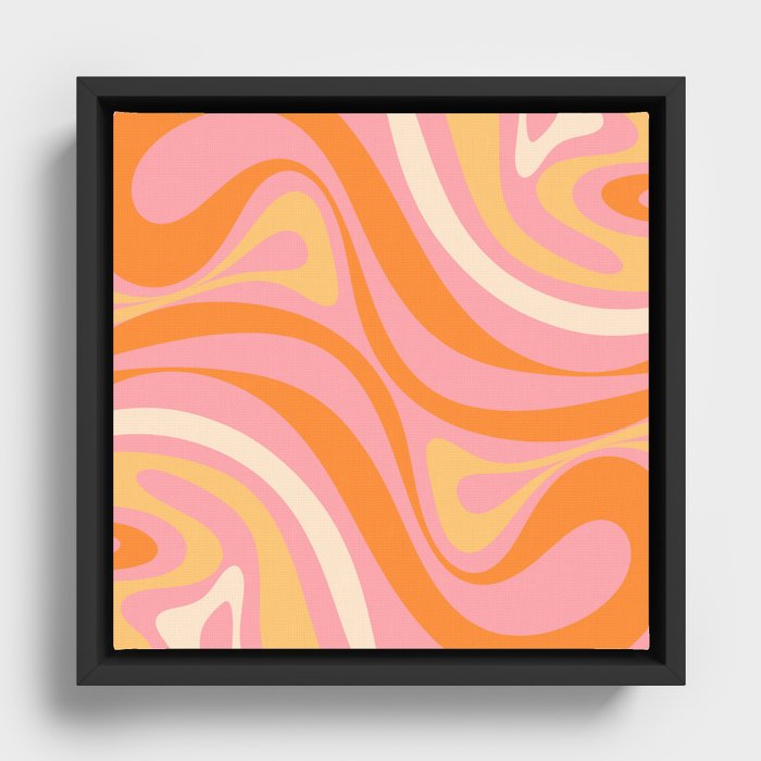 New Groove Retro Swirl Abstract Pattern in Pink, Orange, Yellow, and Cream Framed Canvas