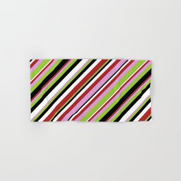 [ Thumbnail: Red, Plum, Green, Black & White Colored Lines Pattern Hand & Bath Towel ]