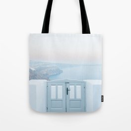 Gate with a Santorini view | Sunrise Greece sunset | pastel blue | travel art wall print Tote Bag