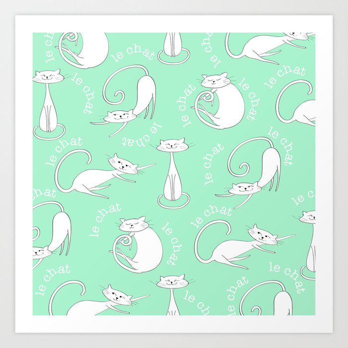 Le Chat - French Cats, Kitty Kats on Mint Green Art Print
