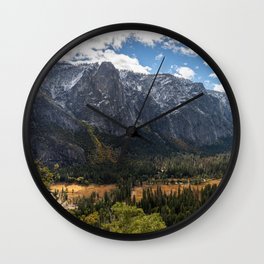 Upper Yosemite Falls wide angle view - Snow covered mountain range over Yosemite Valley Wall Clock