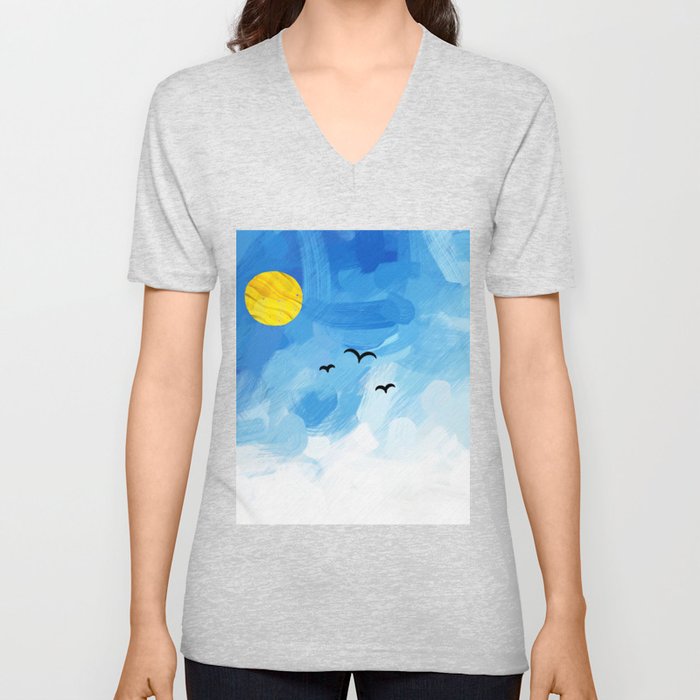 a flight of swallows in a beautiful blue sky V Neck T Shirt