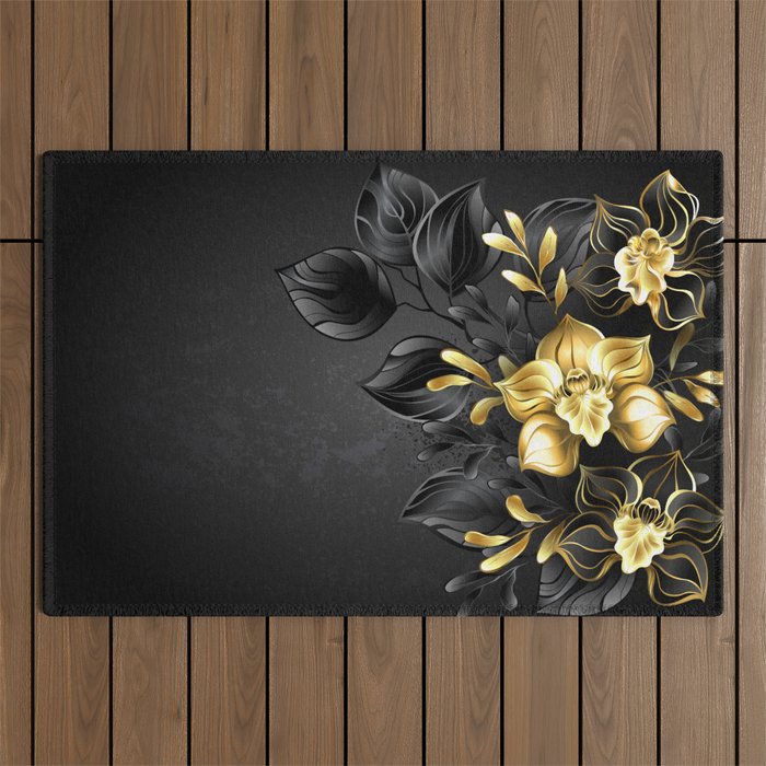 Black Background with Black Orchid Outdoor Rug