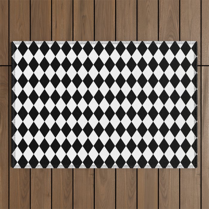 Classic Black and White Harlequin Diamond Check Outdoor Rug