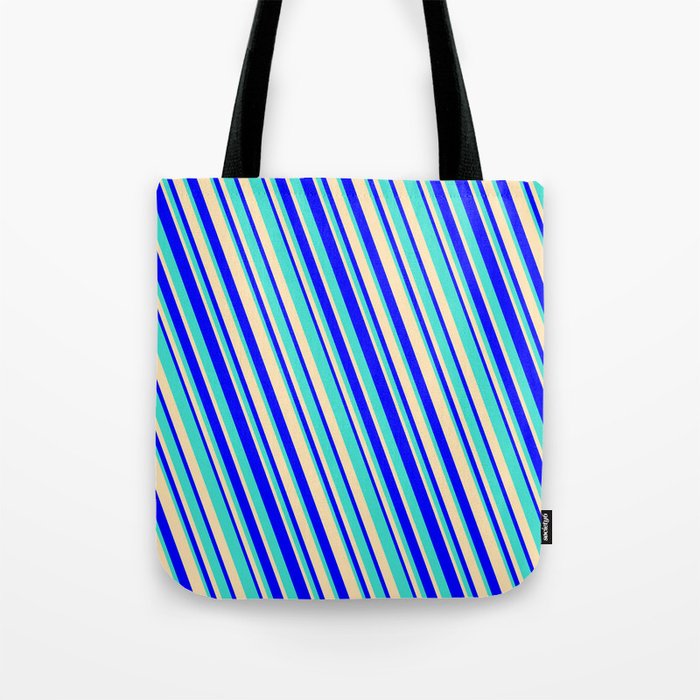 Blue, Turquoise & Beige Colored Striped/Lined Pattern Tote Bag