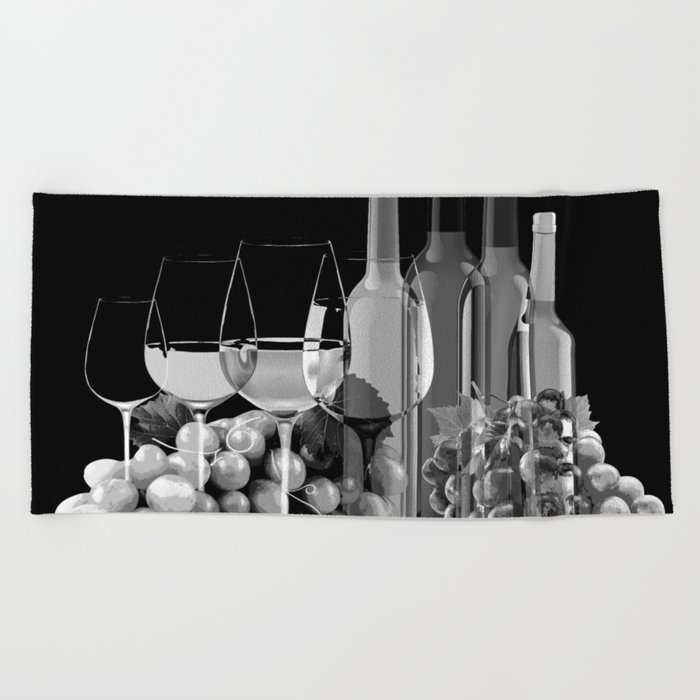 Black and White Graphic Art Composition Of Grapes, Wine Glasses, and Bottles Beach Towel