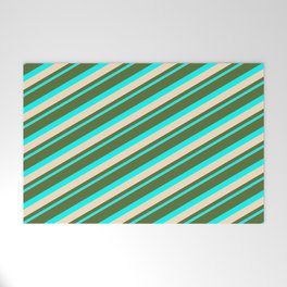 [ Thumbnail: Dark Olive Green, Cyan & Bisque Colored Lined Pattern Welcome Mat ]
