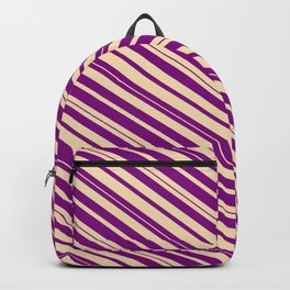 [ Thumbnail: Purple & Tan Colored Lines/Stripes Pattern Backpack ]