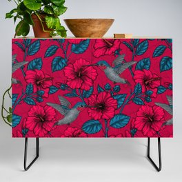 Red hibiscus and hummingbirds, tropical garden on red Credenza