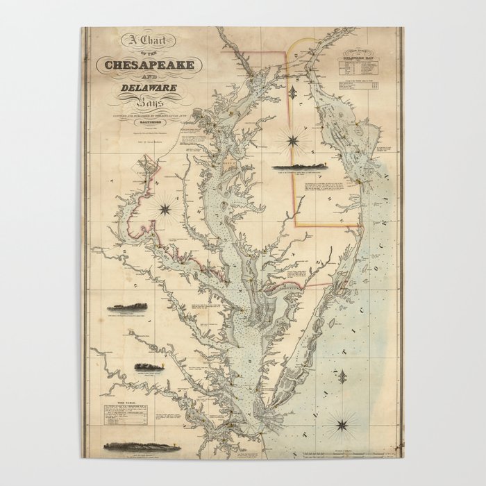 1862 Vintage Chart of the Chesapeake And Delaware Bays Poster